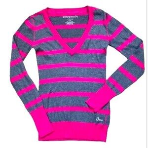 Aeropostale Stretch Pink Gray V-neck Knit Strip Cotton Sweater Size S/P NWOT